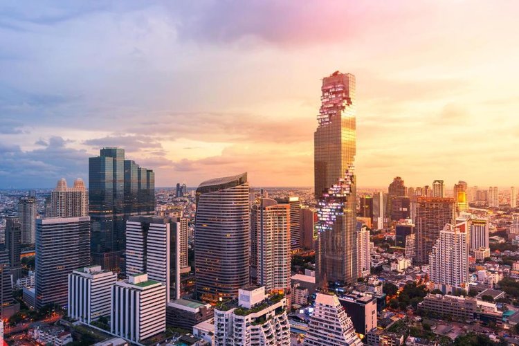 The vibrant and colorful interior of a public space at The Standard, Bangkok Mahanakhon, designed by Jaime Hayón.
