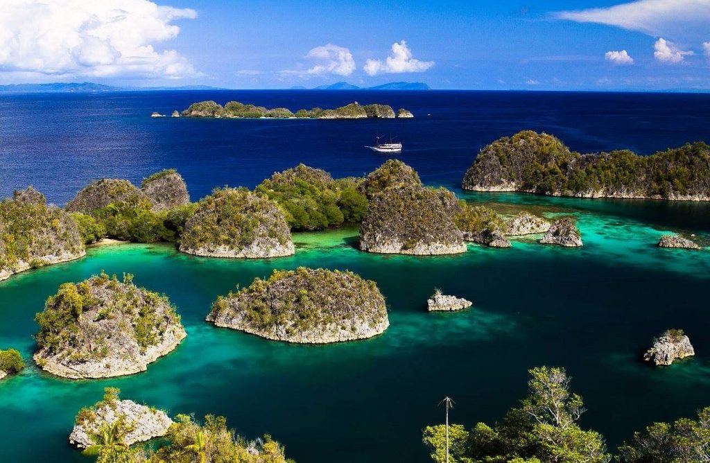 [The stunning turquoise waters surrounding the lush, mushroom-shaped islands of Raja Ampat, as featured in this Indonesia travel guide.]