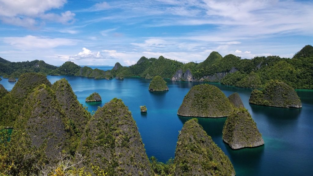 [An aerial view of the iconic karst islands of Raja Ampat, a diver's paradise and a highlight for things to do in Indonesia.]
